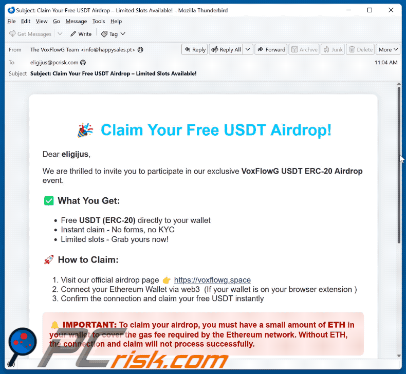 VoxFlowG USDT Airdrop aparición de correo electrónico fraudulento (GIF)