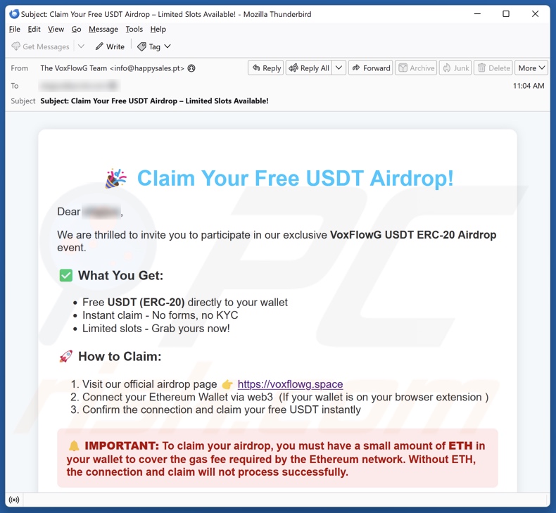 VoxFlowG USDT Airdrop campaña de spam por correo electrónico