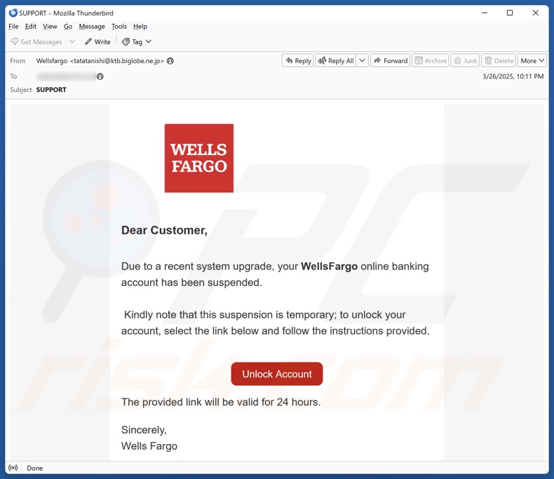 Wells Fargo - Account Suspended campaña de spam por correo electrónico
