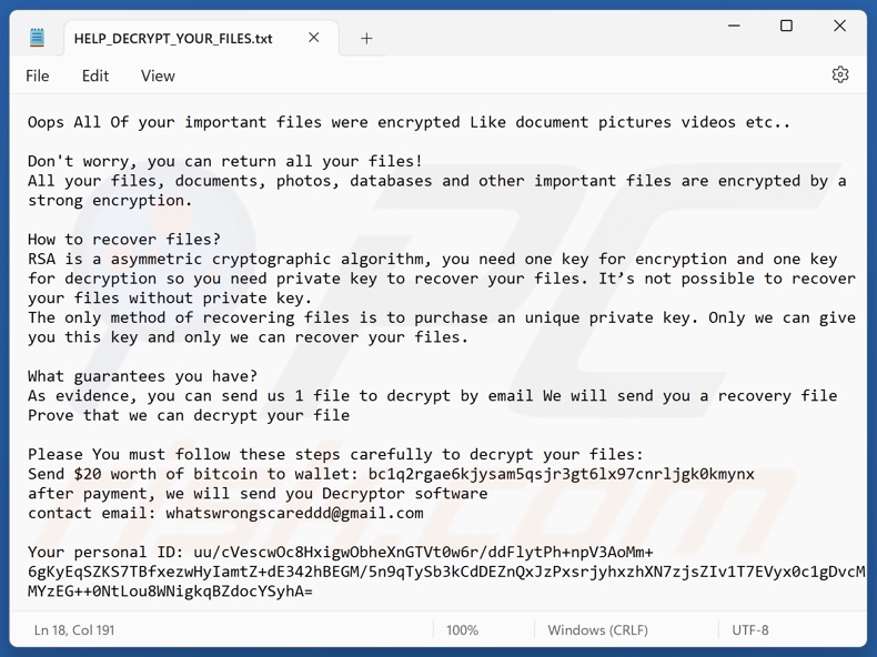 Worry (WhatsWrongScared) ransomware nota de rescate (HELP_DECRYPT_YOUR_FILES.txt)