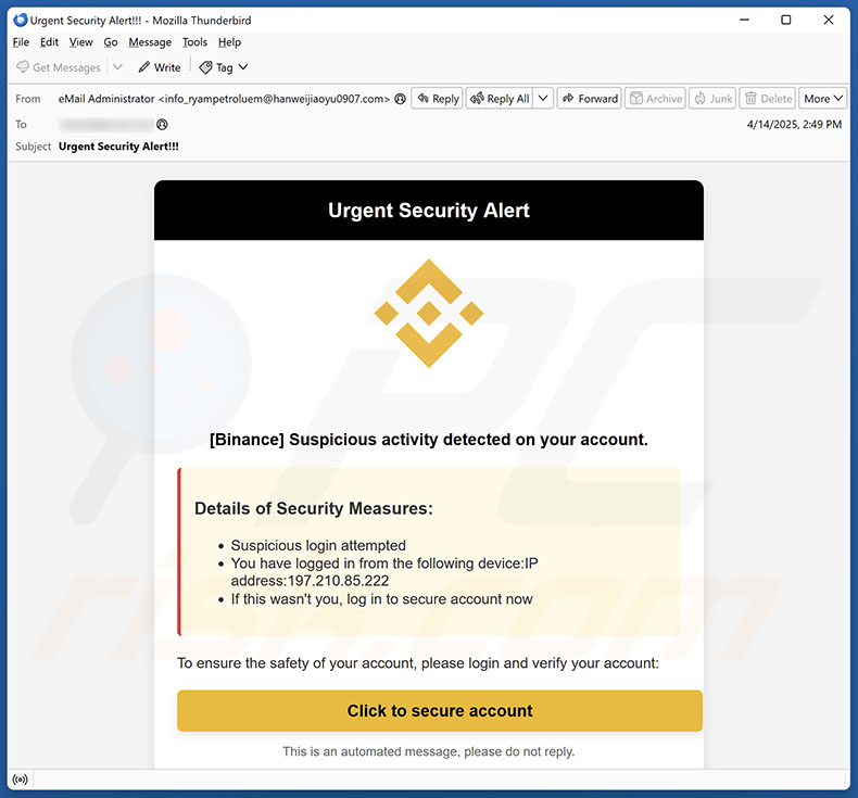 Binance - Urgent Security Alert campaña de correo electrónico no deseado