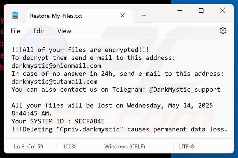 DarkMystic (BlackBit) ransomware archivo de texto (Restore-My-Files.txt)