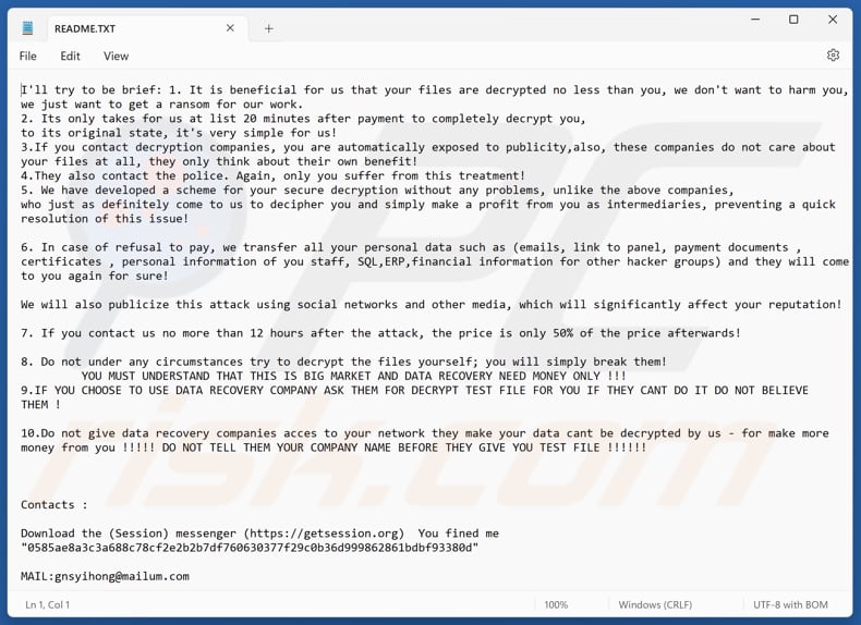 Gnsyihong ransomware archivo de texto (README.TXT)