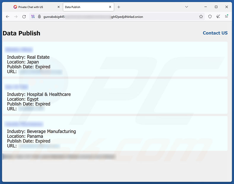 Sitio web de Gunra ransomware para la filtración de datos