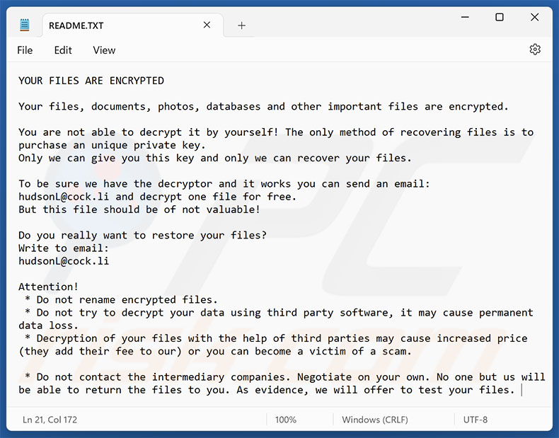 Hudson ransomware nota de rescate (README.TXT)