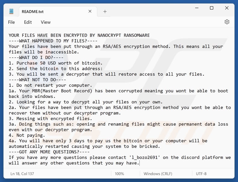 Nanocrypt ransomware archivo de texto (README.txt)
