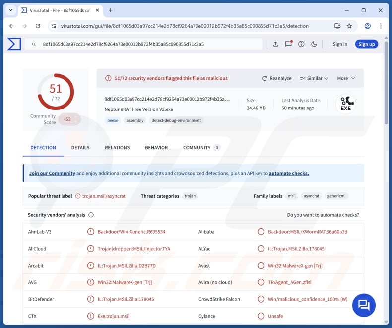 Neptune malware detecciones en VirusTotal