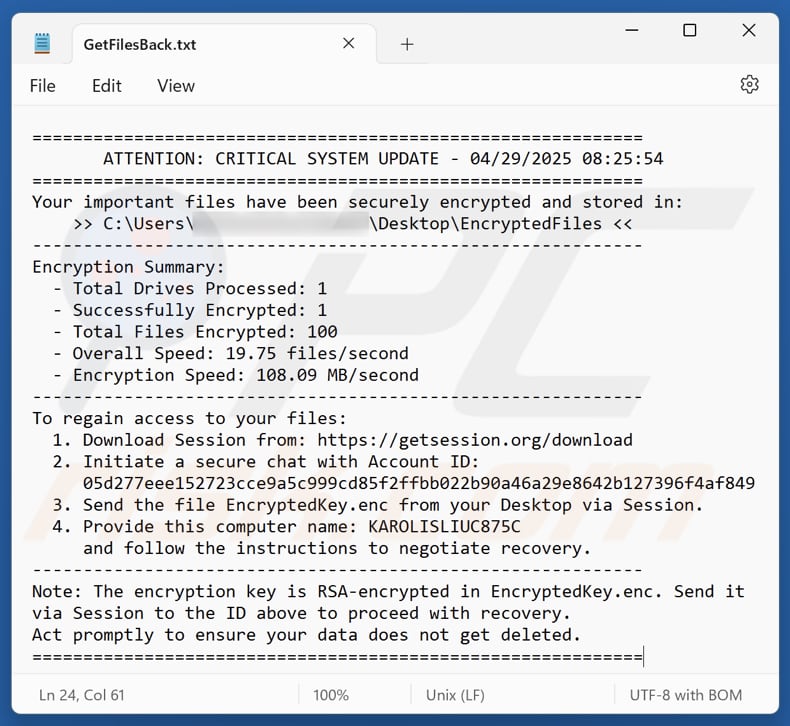 Archivo de texto del ransomware Numec (GetFilesBack.txt)