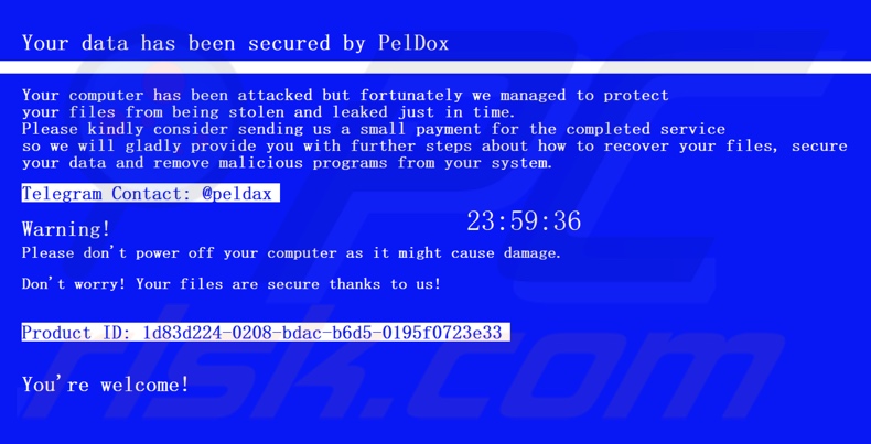PelDox ransomware nota de rescate (mensaje a pantalla completa)