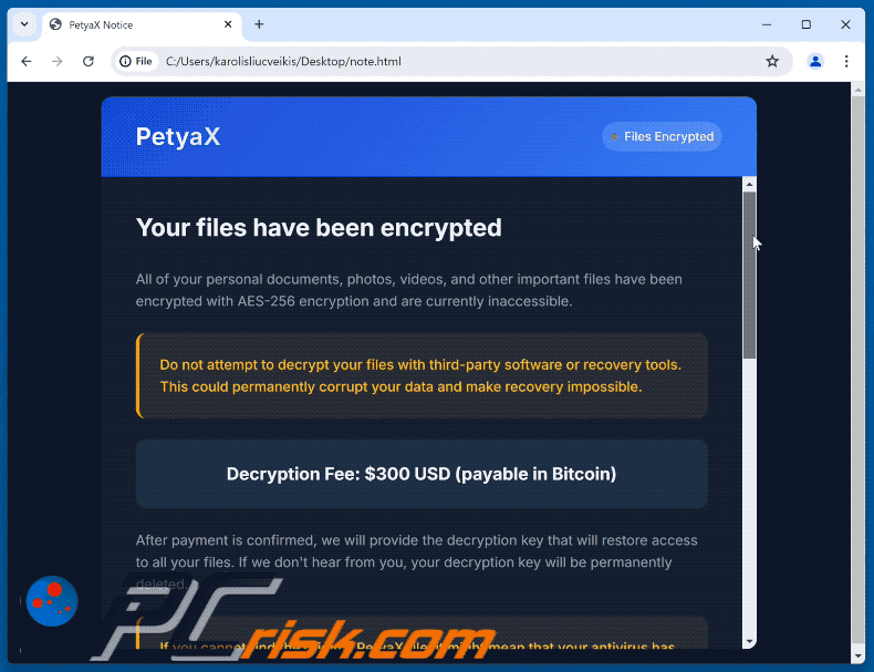 PetyaX ransomware rescate nota (note.html) GIF