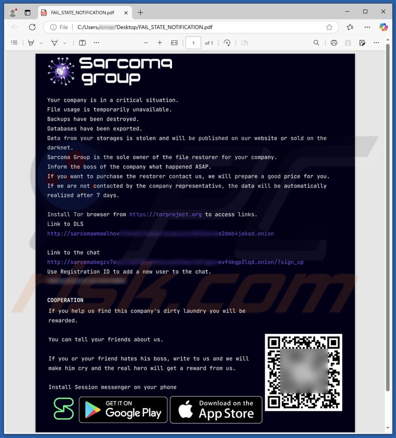 Sarcoma Group ransomware archivo de la nota de rescate (FAIL_STATE_NOTIFICATION.pdf)