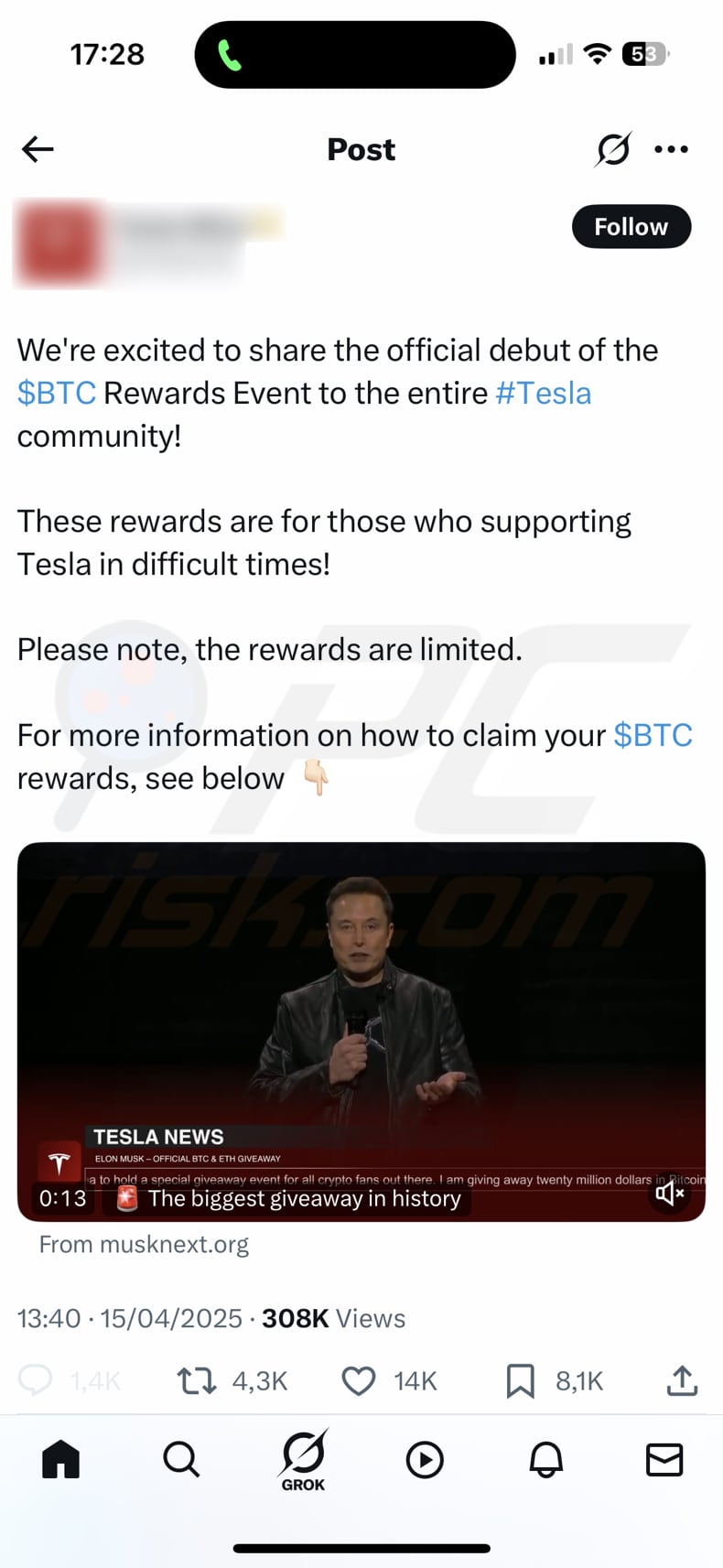Tesla Foundation Giveaway Segunda publicación falsa fraudulenta