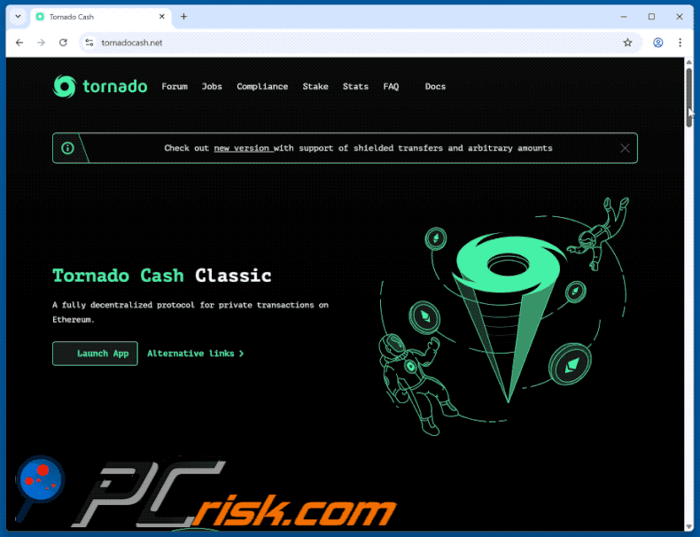 Tornado Cash apariencia de un sitio web fraudulento (GIF)