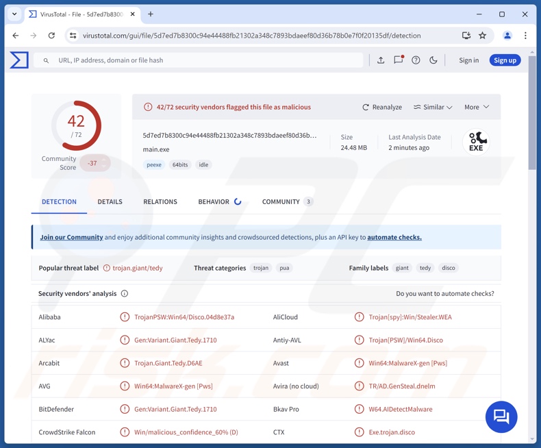 TROX malware detecciones en VirusTotal