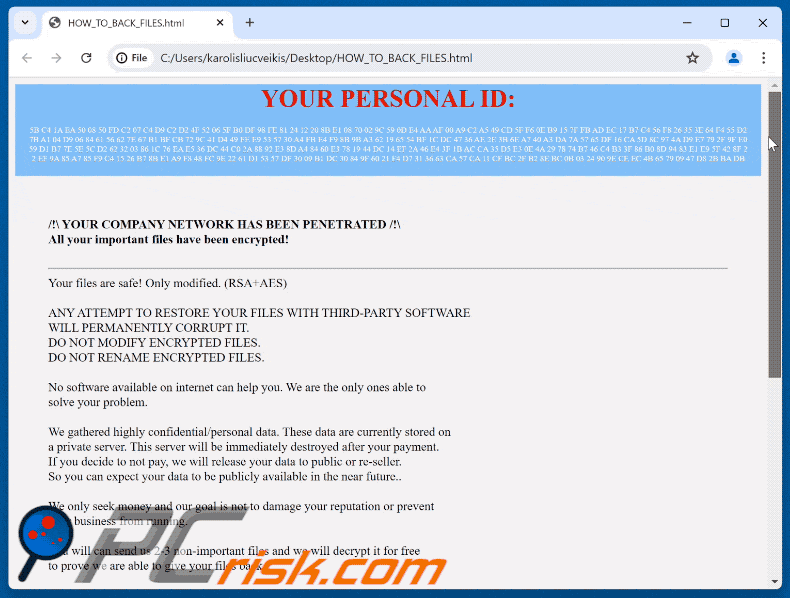 Archivo de nota de rescate del ransomware Warning (HOW_TO_BACK_FILES.html)