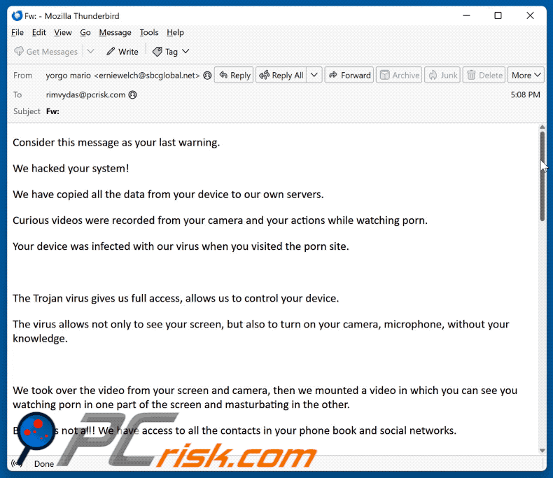 We Hacked Your System aparición de correo electrónico fraudulento (GIF)