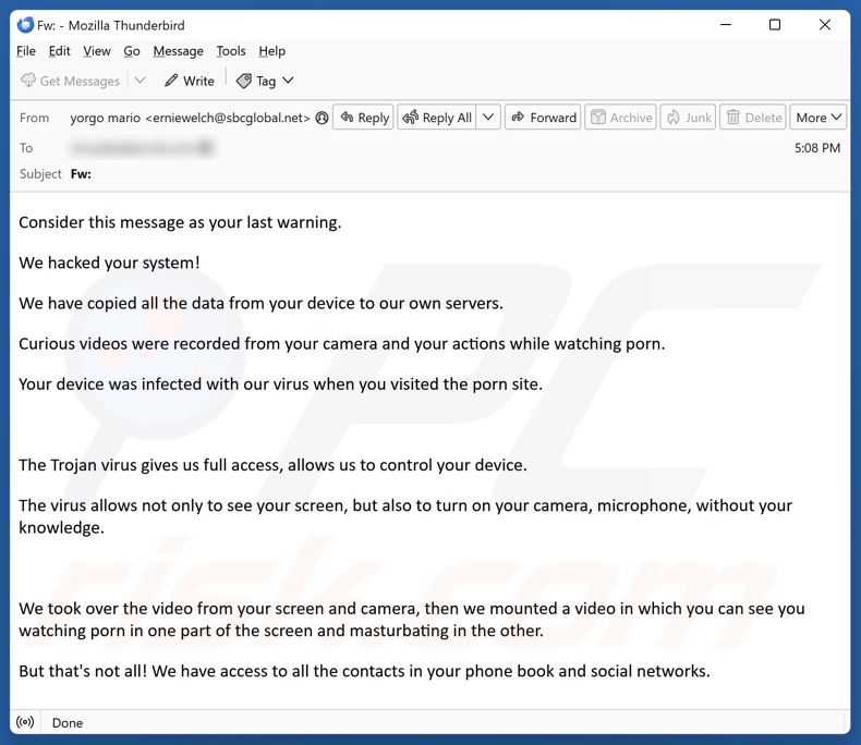 We Hacked Your System campaña de spam por correo electrónico