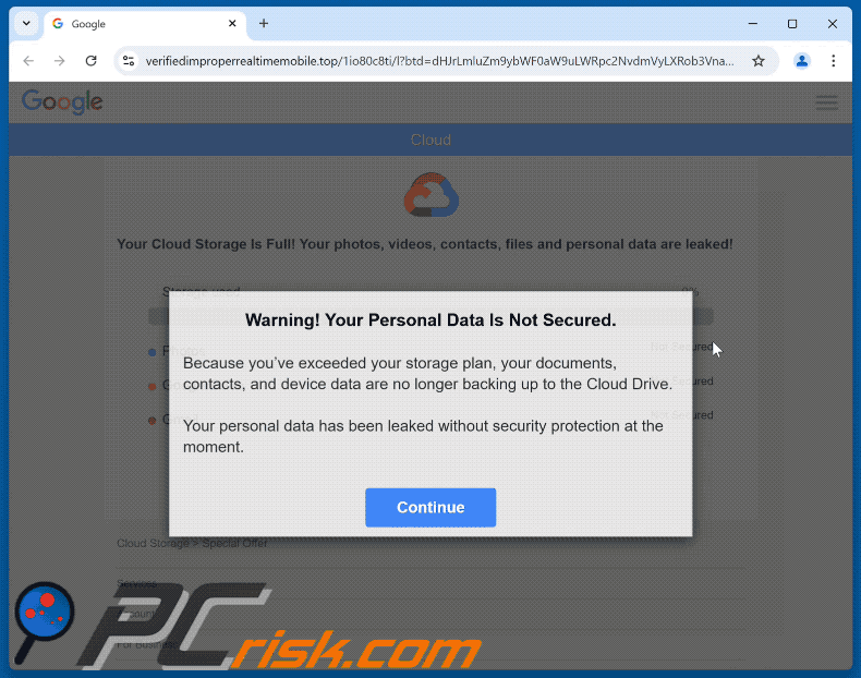 Your Cloud Storage Is Full correo electrónico estafa sitio promovido (GIF)