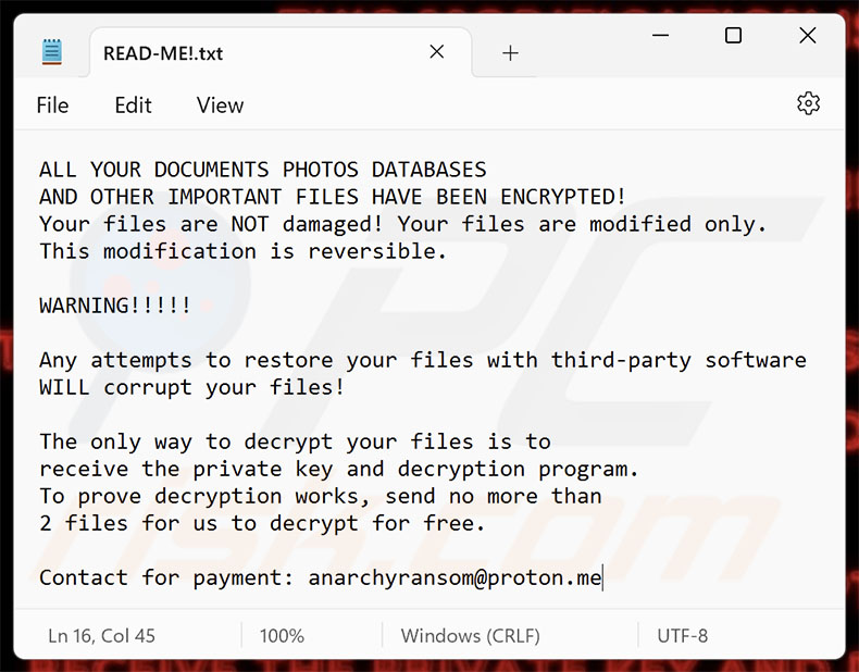 Nota de rescate del ransomware AnarchyRansom (READ-ME!.txt)