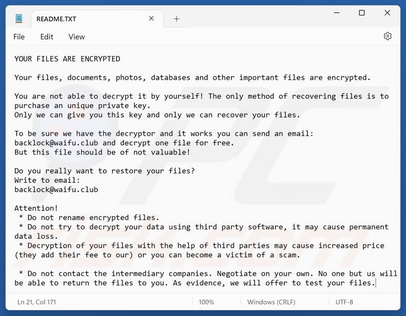 Nota de rescate del ransomware BackLock (README.TXT)