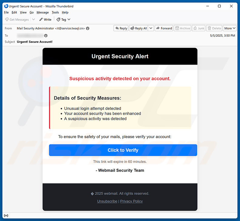 Binance - Urgent Security Alert email estafa (2025-05-06)