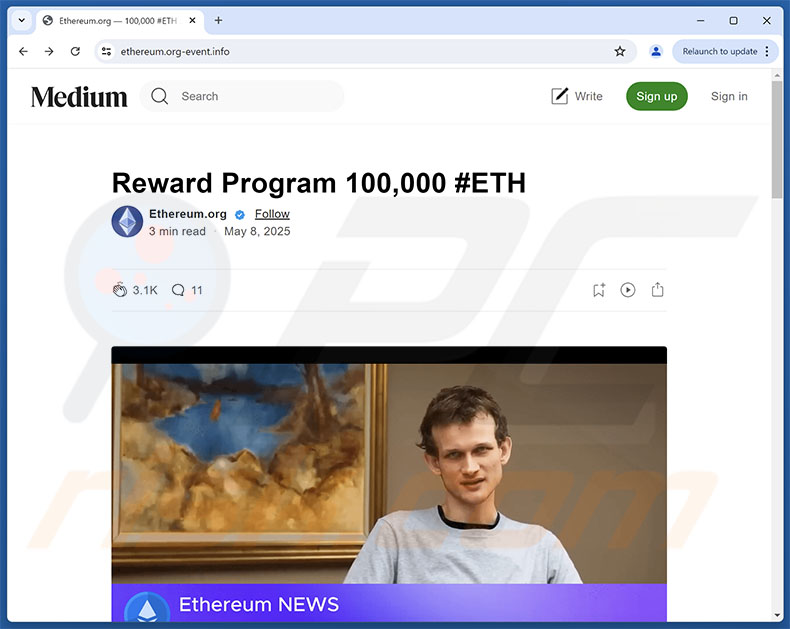 Página inicial de la estafa del Programa de recompensas Ethereum (ETH)