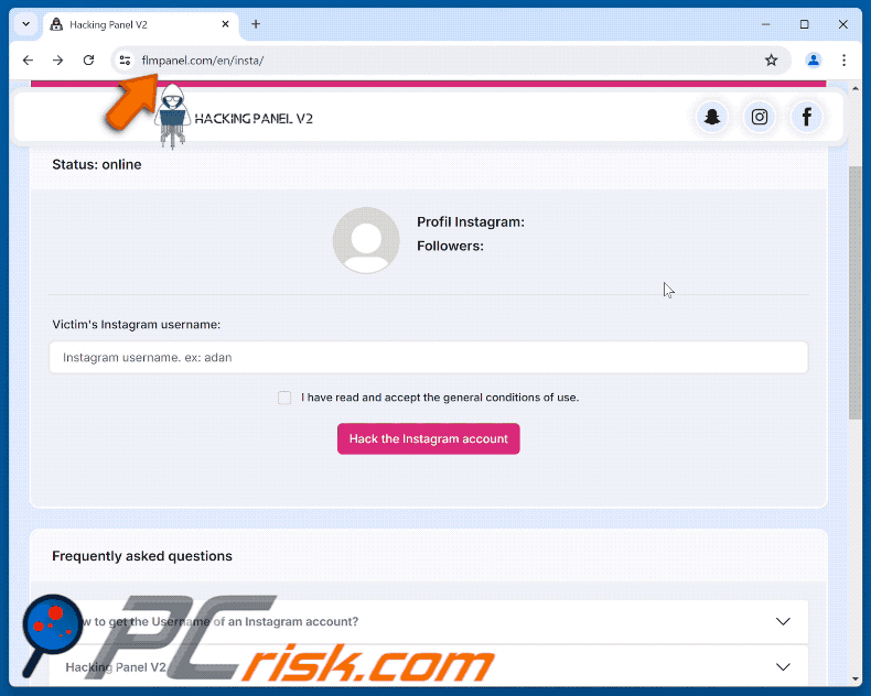 Apariencia de la estafa Instagram Account Hack