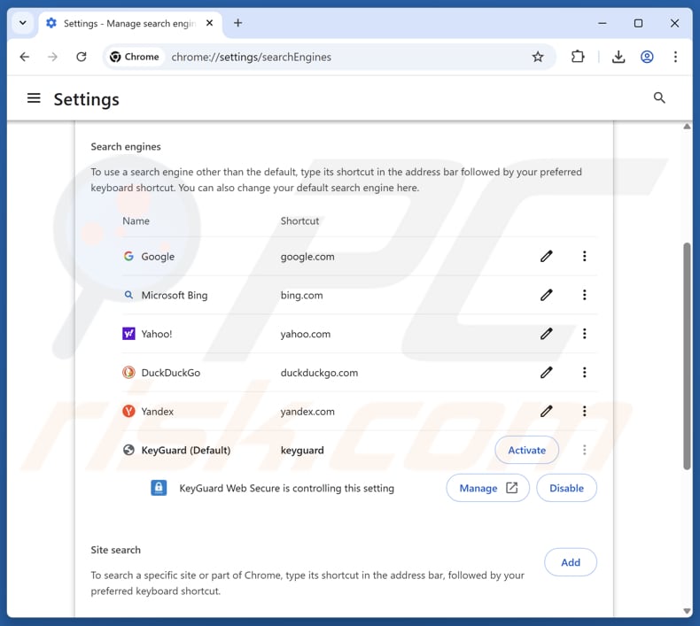 Eliminar keyguard-websecure.com del motor de búsqueda predeterminado de Google Chrome