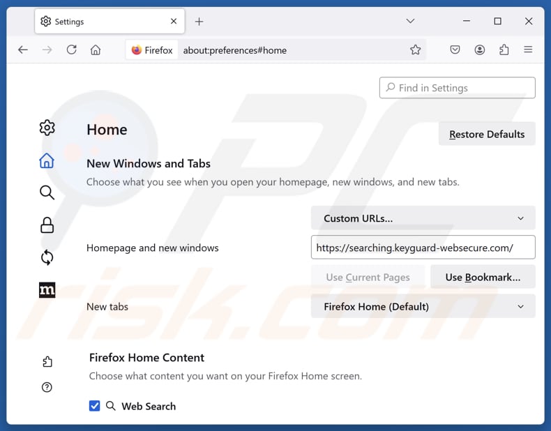 Eliminar keyguard-websecure.com de la página de inicio de Mozilla Firefox