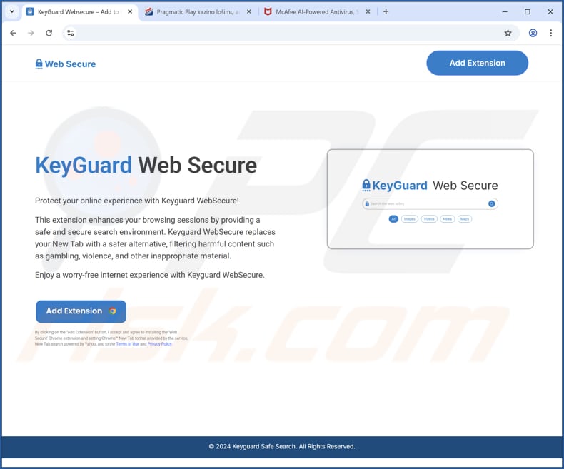 Sitio web utilizado para promocionar el secuestrador del navegador KeyGuard Web Secure
