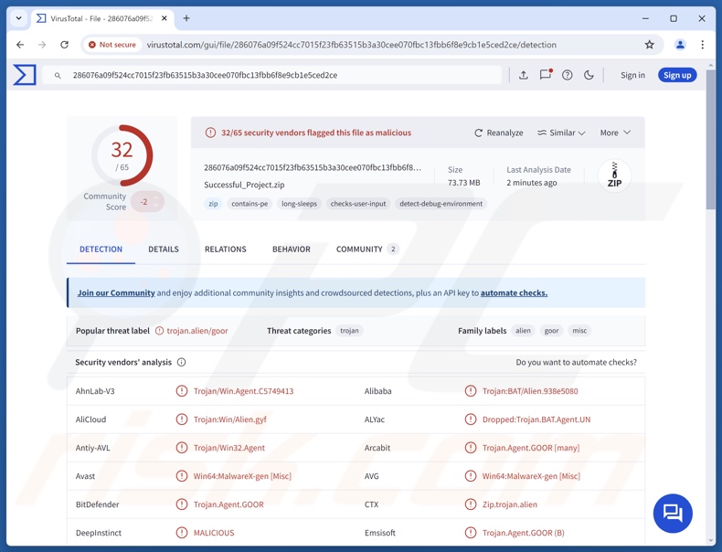 Detecciones del malware Noodlophile en VirusTotal