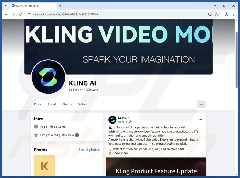 Cuenta falsa de Kling AI en Facebook utilizada para promocionar el malware PureHVNC