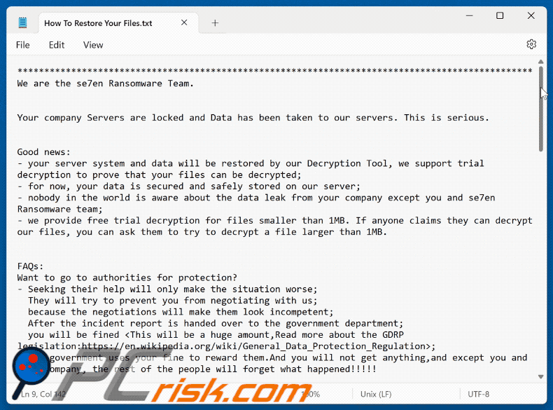 Archivo de texto del ransomware Se7en (How To Restore Your Files.txt)