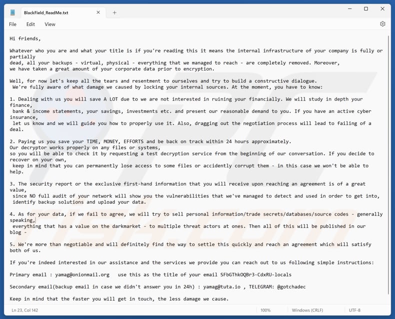 Archivo de texto del ransomware BlackFL (BlackField_ReadMe.txt)