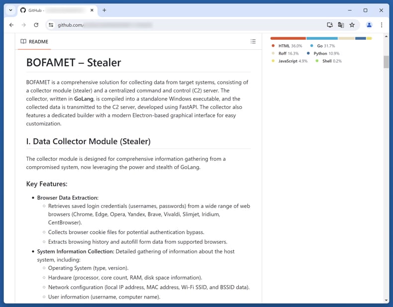 BOFAMET Stealer promocionado en GitHub