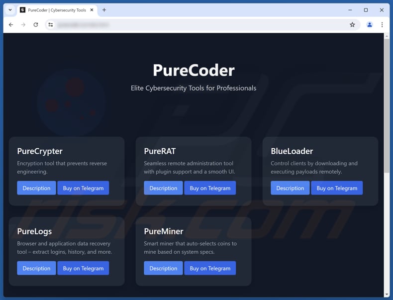 Sitio web que promociona el malware PureRAT