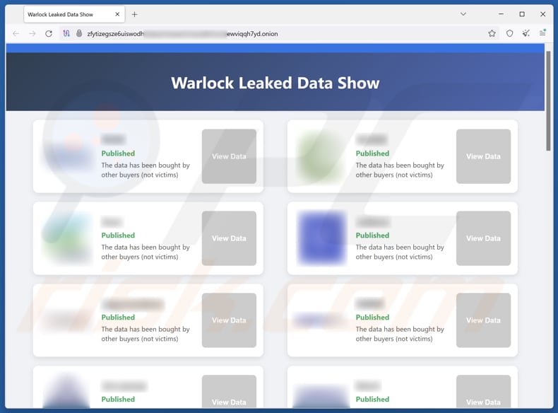 Sitio web de filtración de datos del ransomware Warlock Group