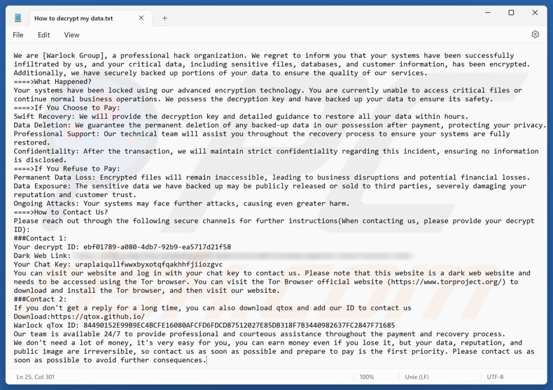 Archivo de texto del ransomware Warlock Group (Cómo descifrar mis datos.txt)