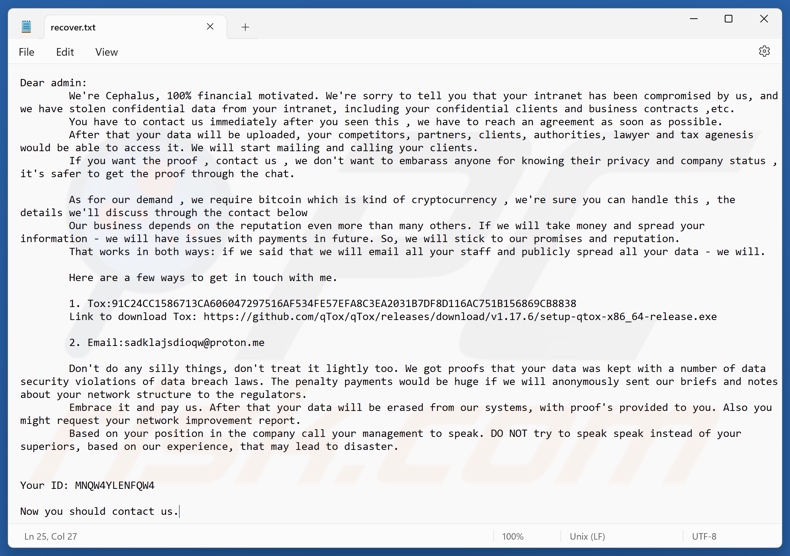Cephalus ransomware nota de rescate (recover.txt)