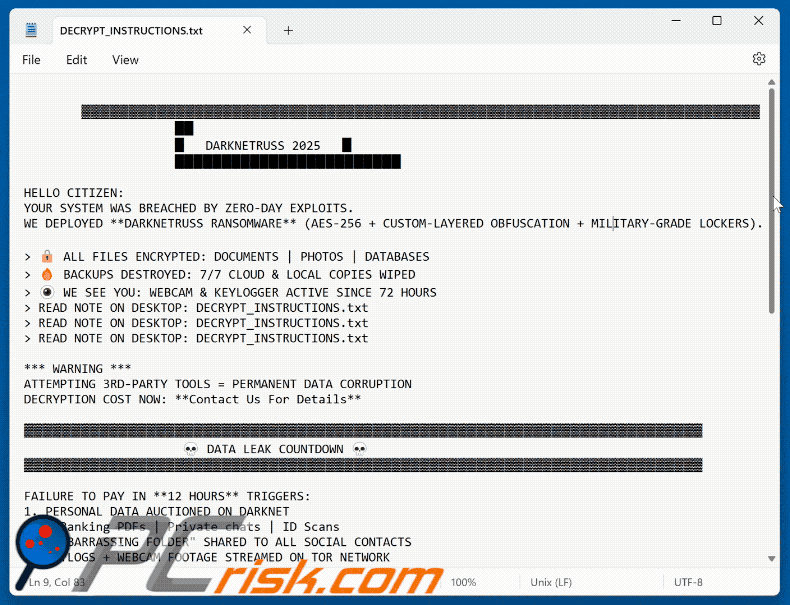 Nota de rescate del ransomware DarkNetRuss (DECRYPT_INSTRUCTIONS.txt)