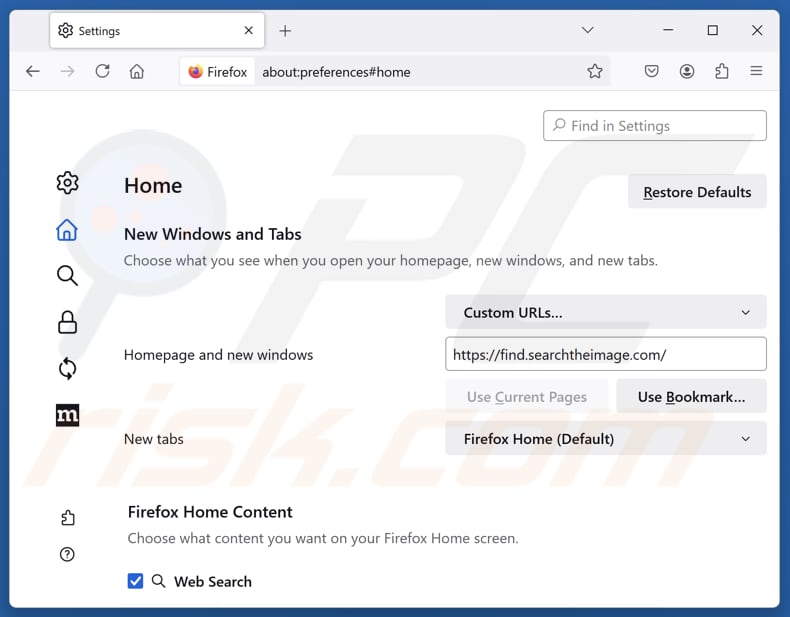 Eliminar find.searchtheimage.com de la página de inicio de Mozilla Firefox