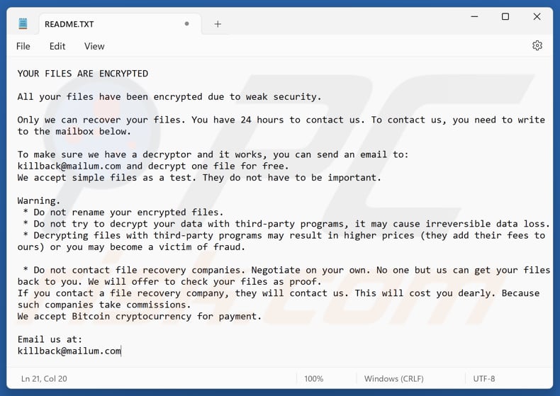 Archivo de texto del ransomware KillBack (README.TXT)