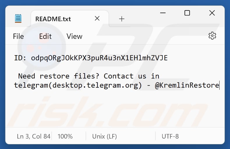 Archivo de texto del ransomware KREMLIN (README.txt)