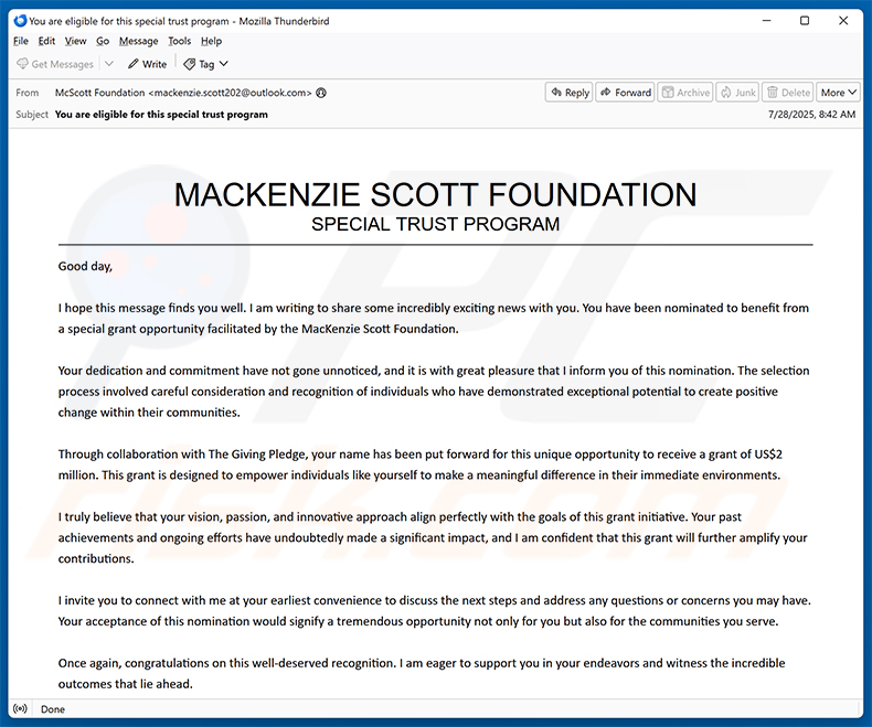 Estafa por correo electrónico de la Fundación Mackenzie Scott (2025-08-06)