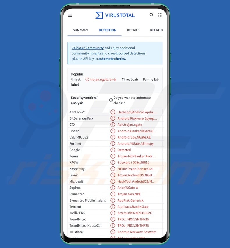 Detecciones de malware PhantomCard en VirusTotal