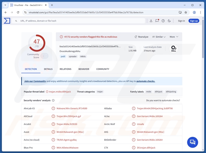Detecciones del malware QuirkyLoader en VirusTotal