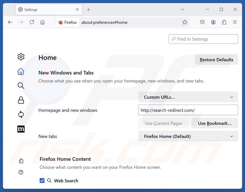 Eliminar search-redirect.com de la página de inicio de Mozilla Firefox