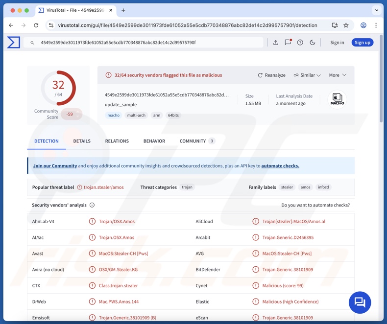 Detecciones del malware Shamos en VirusTotal