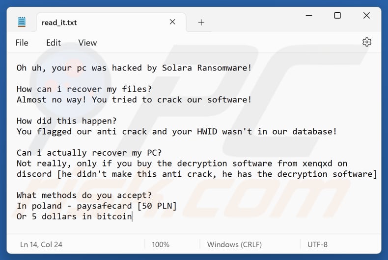 Archivo de texto del ransomware Solara (read_it.txt)