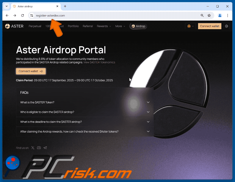Aparición del sitio web falso de Aster Airdrop (GIF)